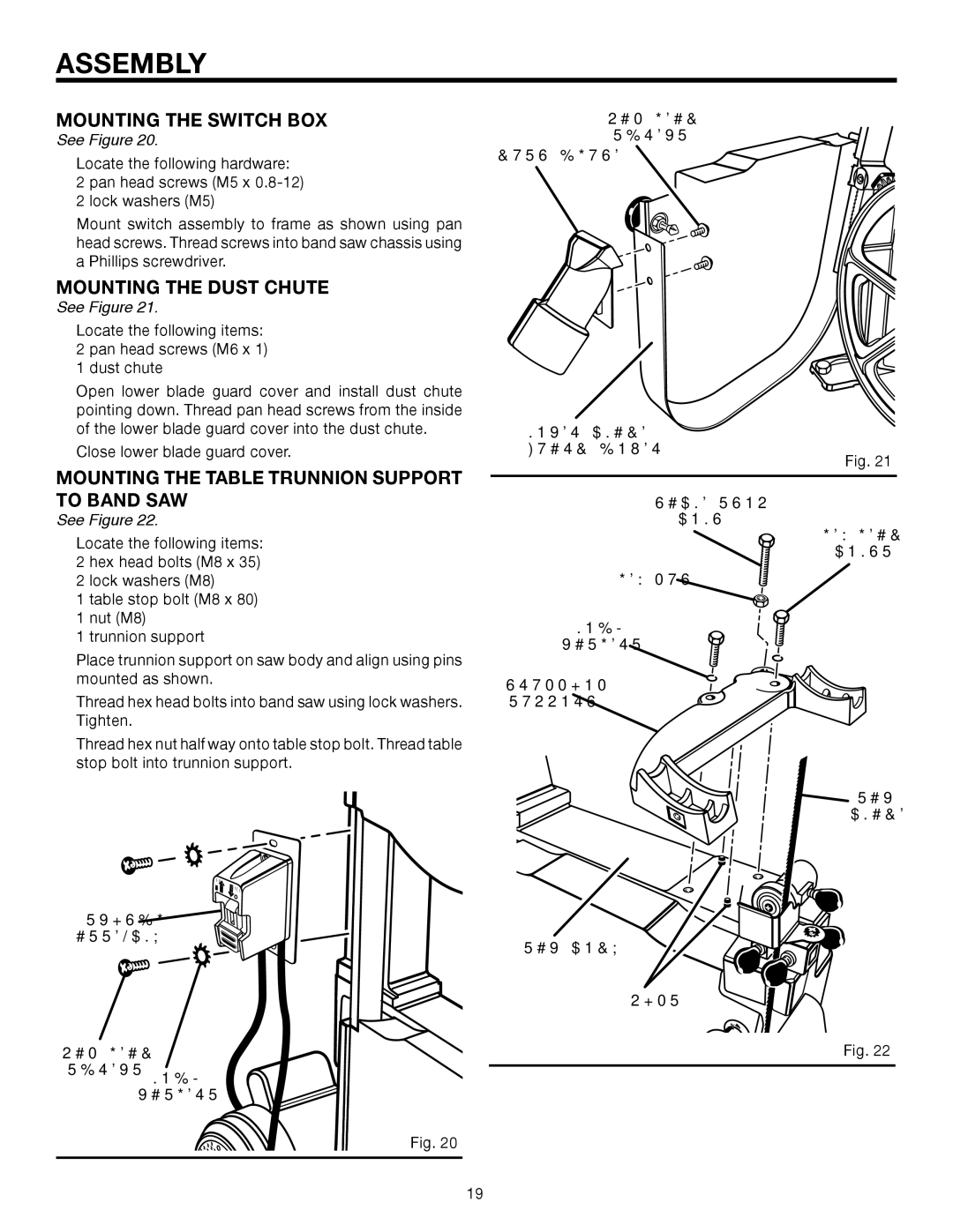 RIDGID BS14002 manual Mounting the Switch BOX, Mounting the Dust Chute, Mounting the Table Trunnion Support to Band SAW 