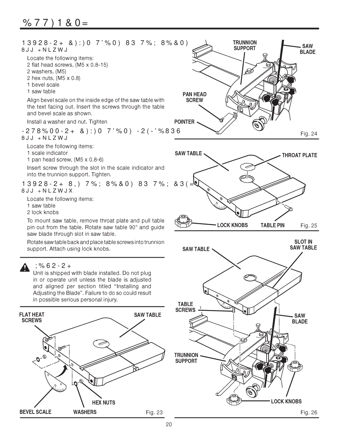 RIDGID BS14002 manual Installing Bevel Scale Indicator, Mounting the SAW Table to SAW Body, See Figures 25 