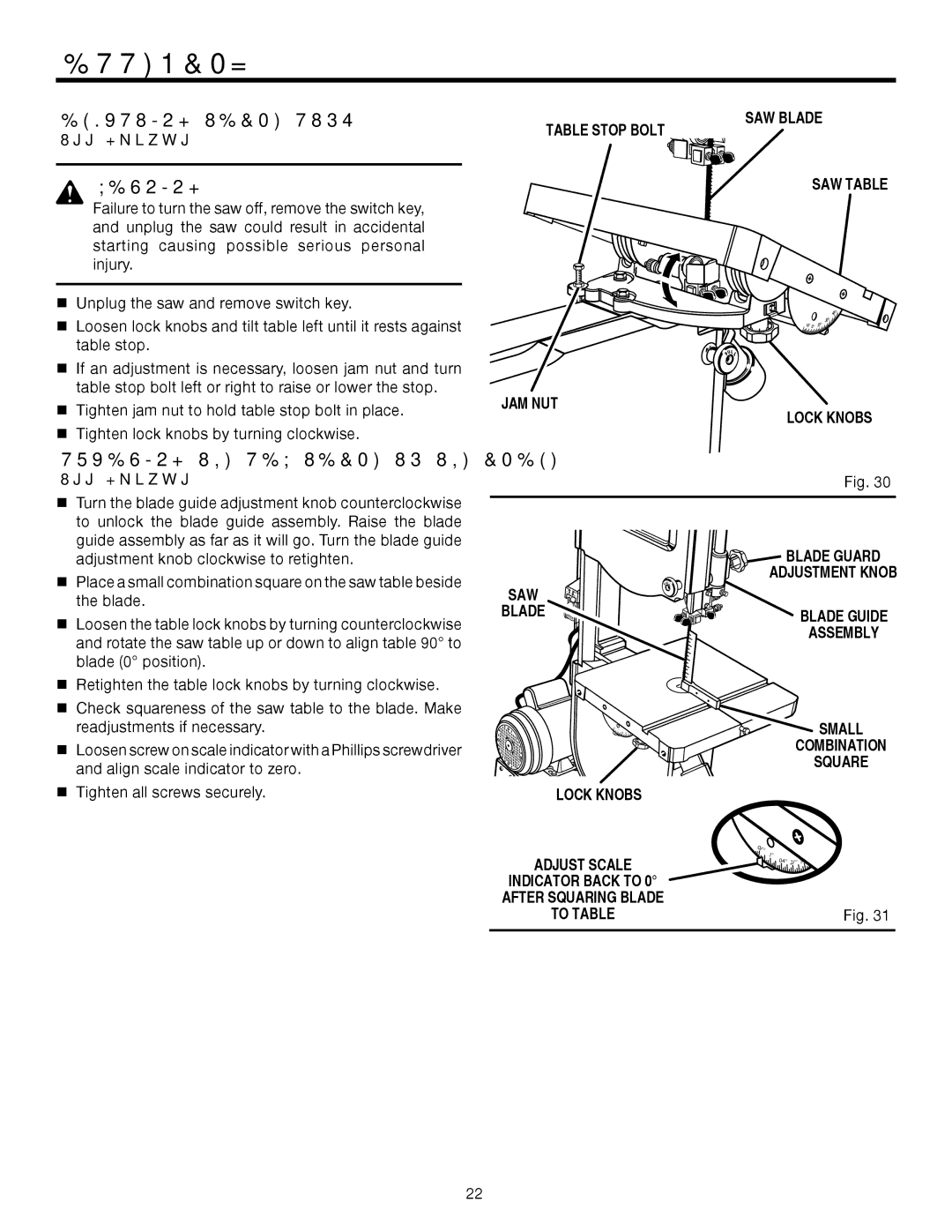 RIDGID BS14002 manual Adjusting Table Stop, Squaring the SAW Table to the Blade 