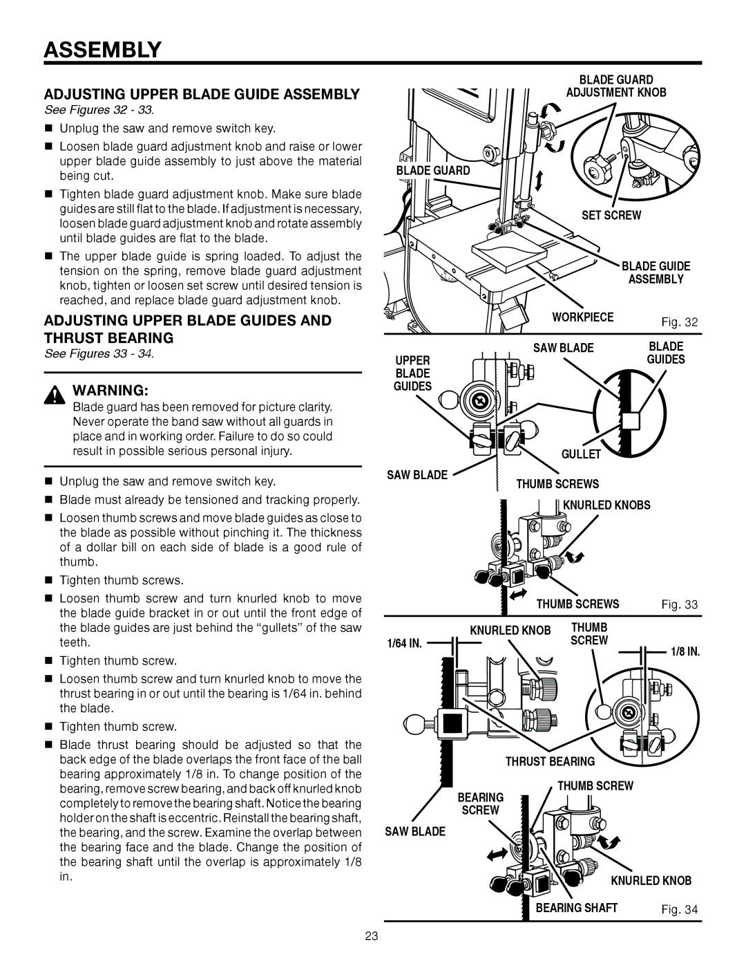 RIDGID BS14002 manual Adjusting Upper Blade Guide Assembly, Adjusting Upper Blade Guides and Thrust Bearing, See Figures 32 