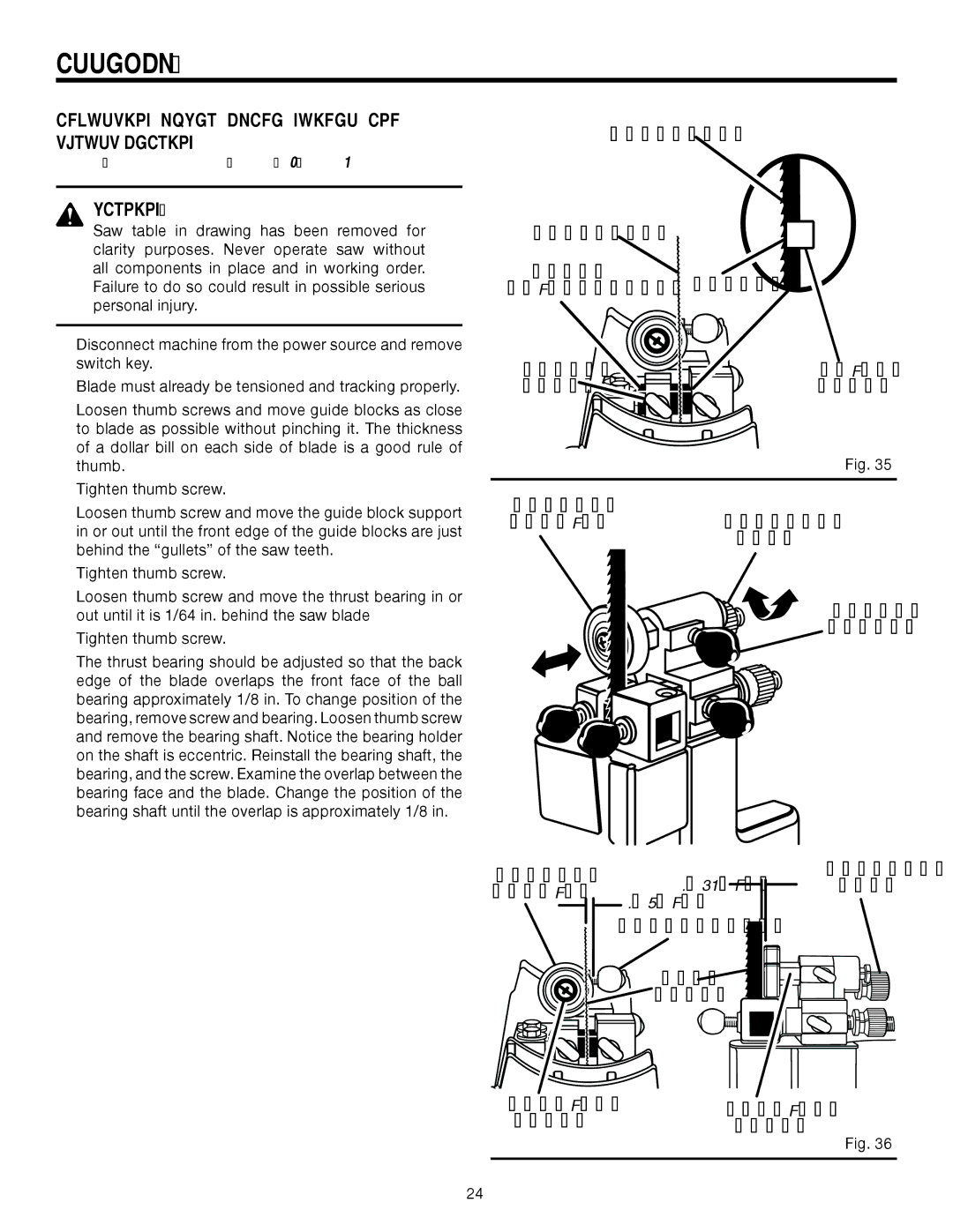 RIDGID BS14002 manual Adjusting Lower Blade Guides and Thrust Bearing, See Figures 35 