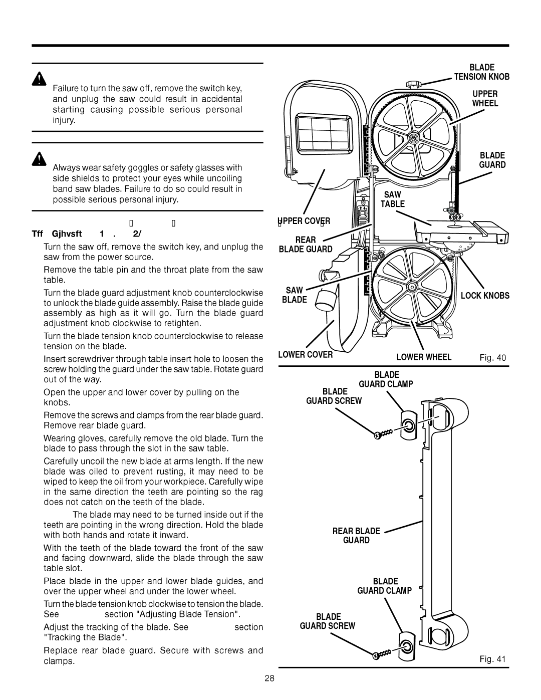 RIDGID BS14002 manual Adjustments, Installing and Adjusting the Blade, See Figures 40 