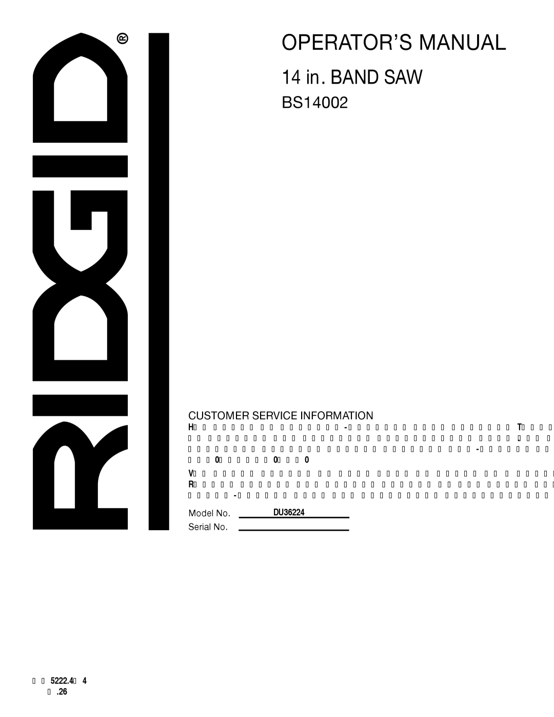 RIDGID BS14002 manual 14 in. Band SAW, Customer Service Information 