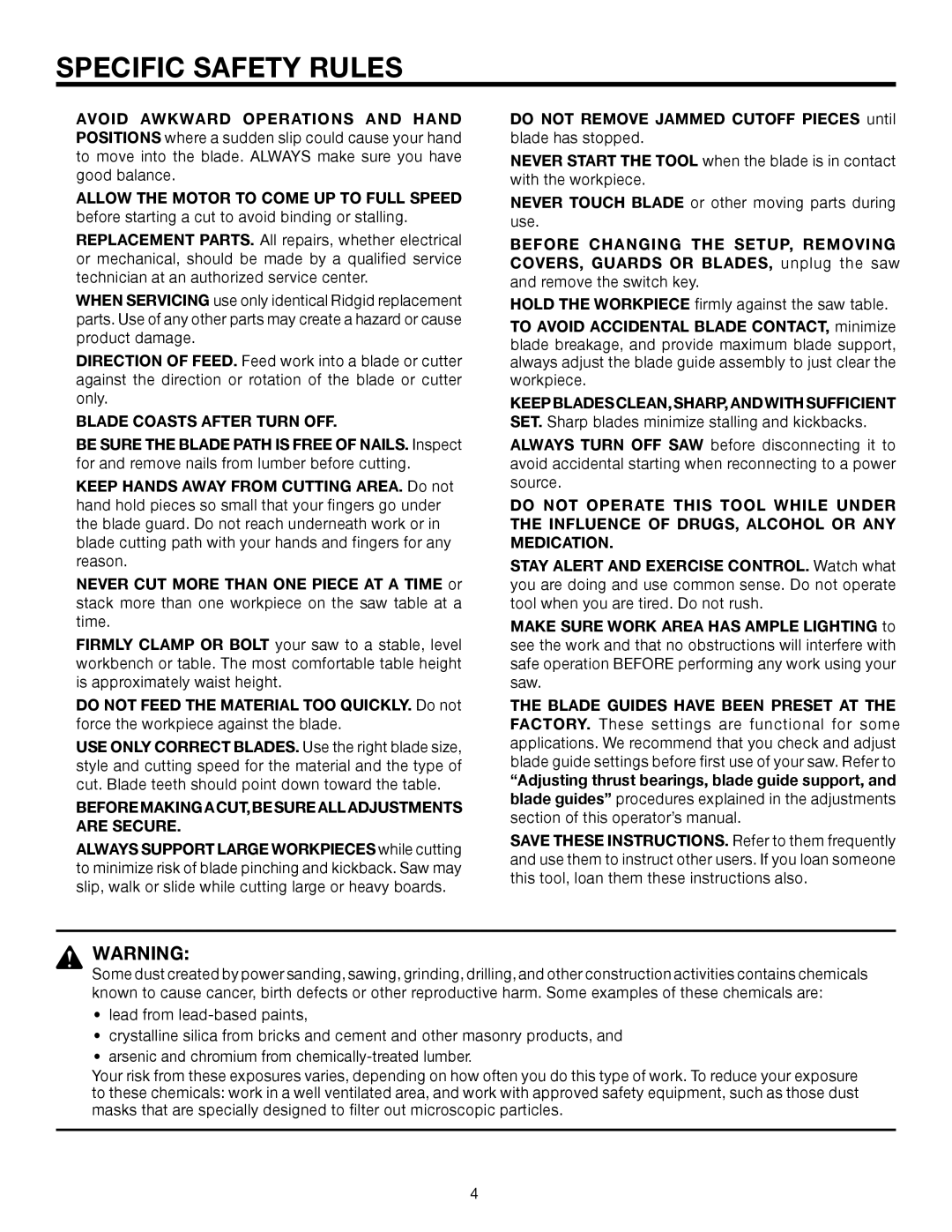 RIDGID BS14002 manual Specific Safety Rules, Do not Remove Jammed Cutoff Pieces until blade has stopped 