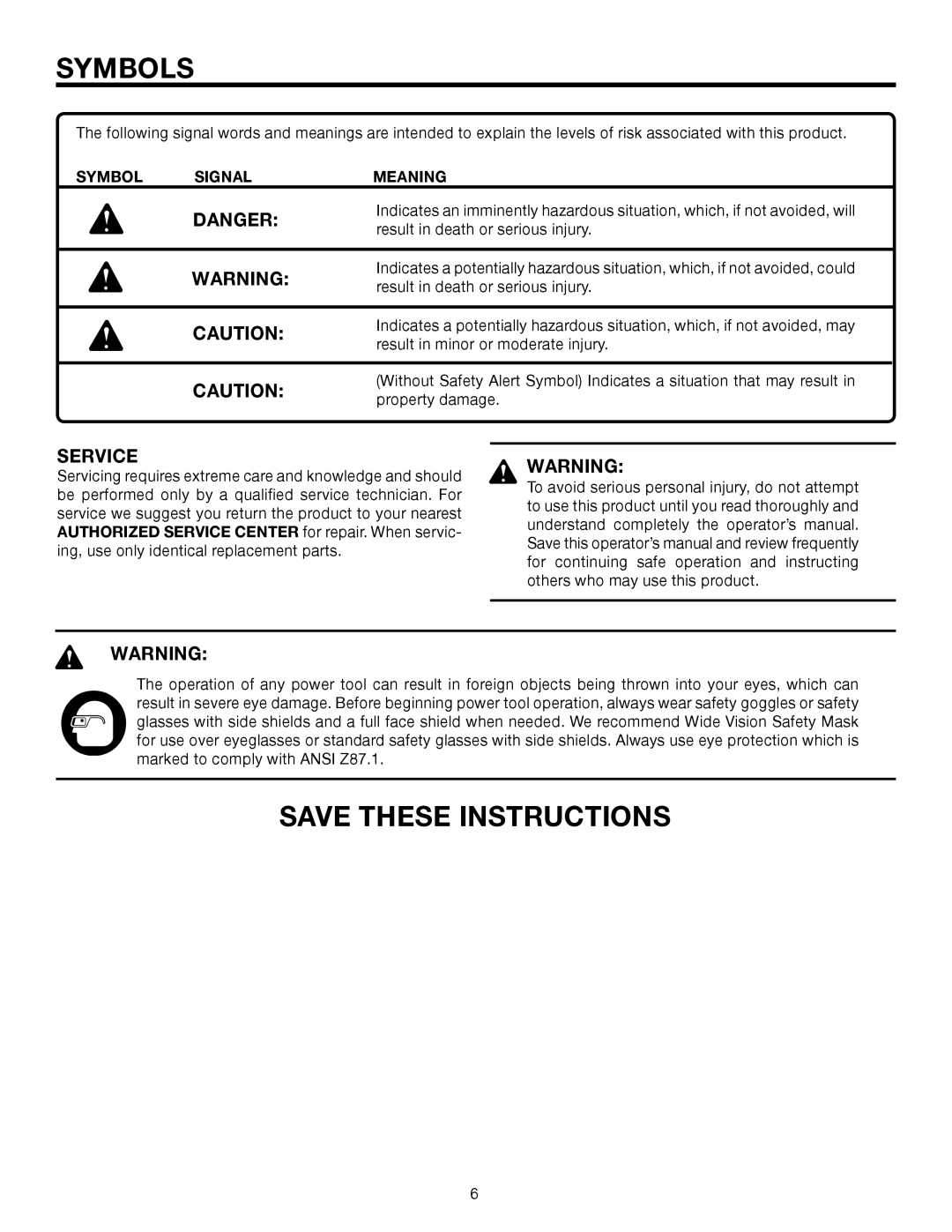 RIDGID BS14002 manual Service, Symbol Signal Meaning 