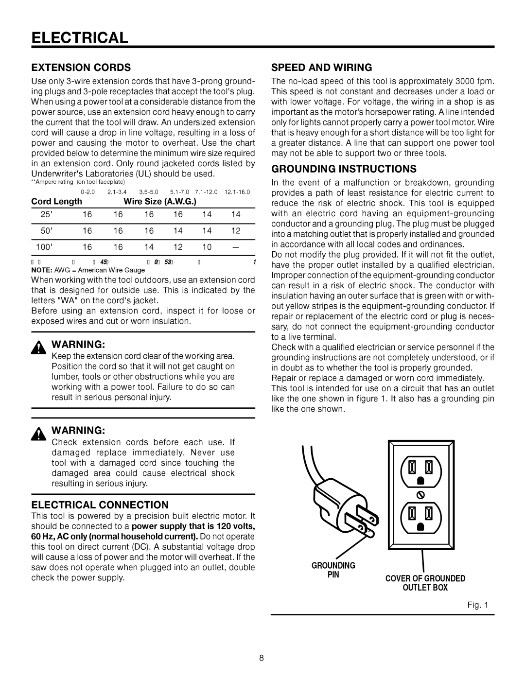 RIDGID BS14002 manual Extension Cords, Speed and Wiring, Grounding Instructions, Electrical Connection 