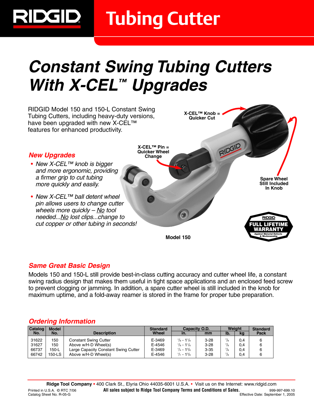 RIDGID DC177 warranty Constant Swing Tubing Cutters With X-CEL Upgrades, New Upgrades, Same Great Basic Design 