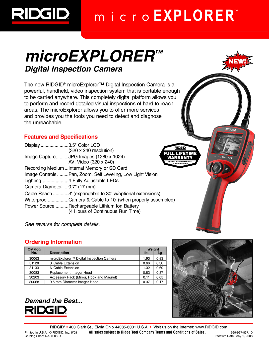 RIDGID Digital Inspection Camera specifications MicroEXPLORERNEW, Features and Specifications, Ordering Information 
