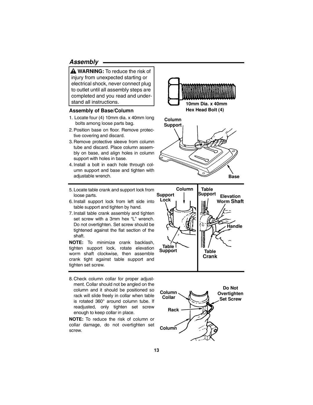 RIDGID DP15501 manual Assembly of Base/Column, Crank 