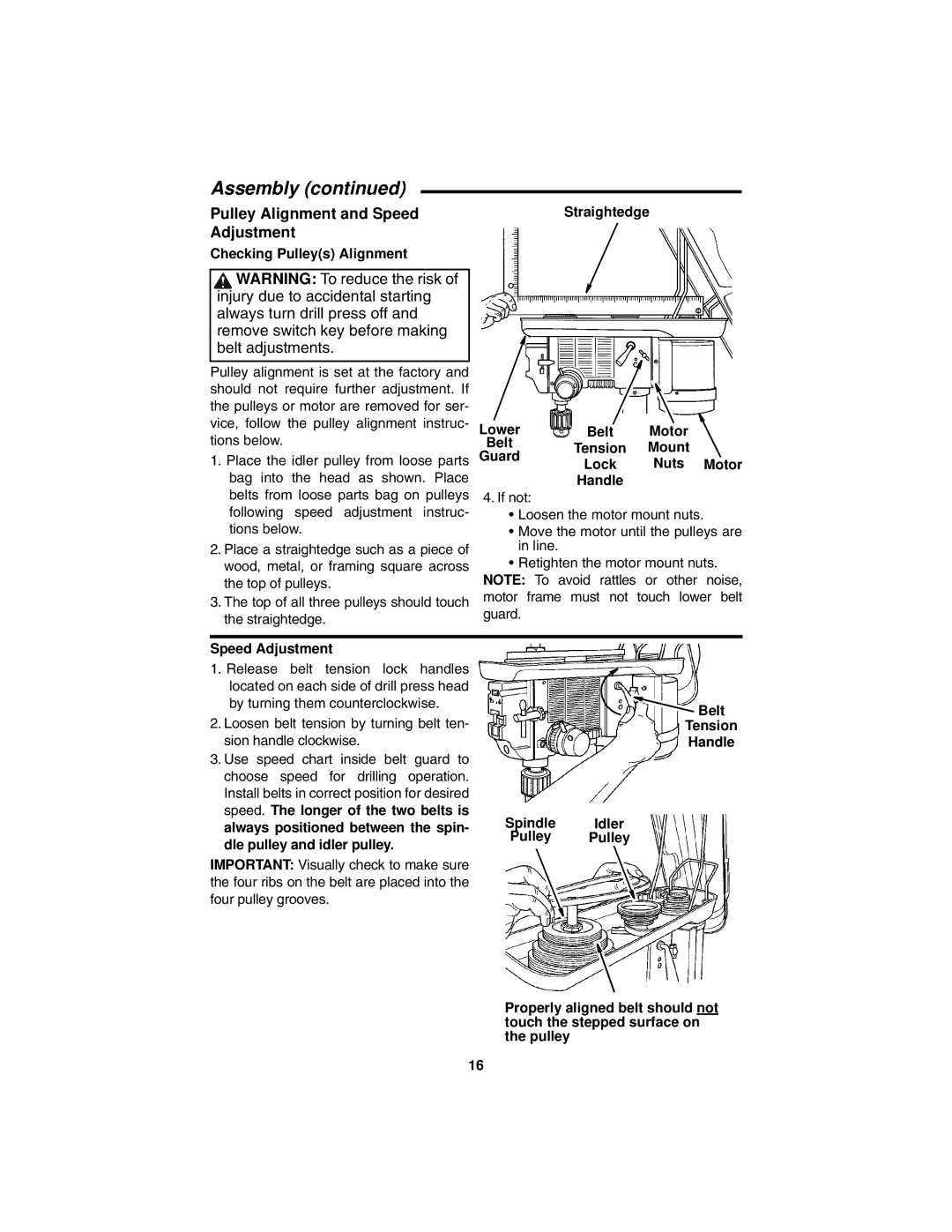 RIDGID DP15501 manual Pulley Alignment and Speed, Adjustment 