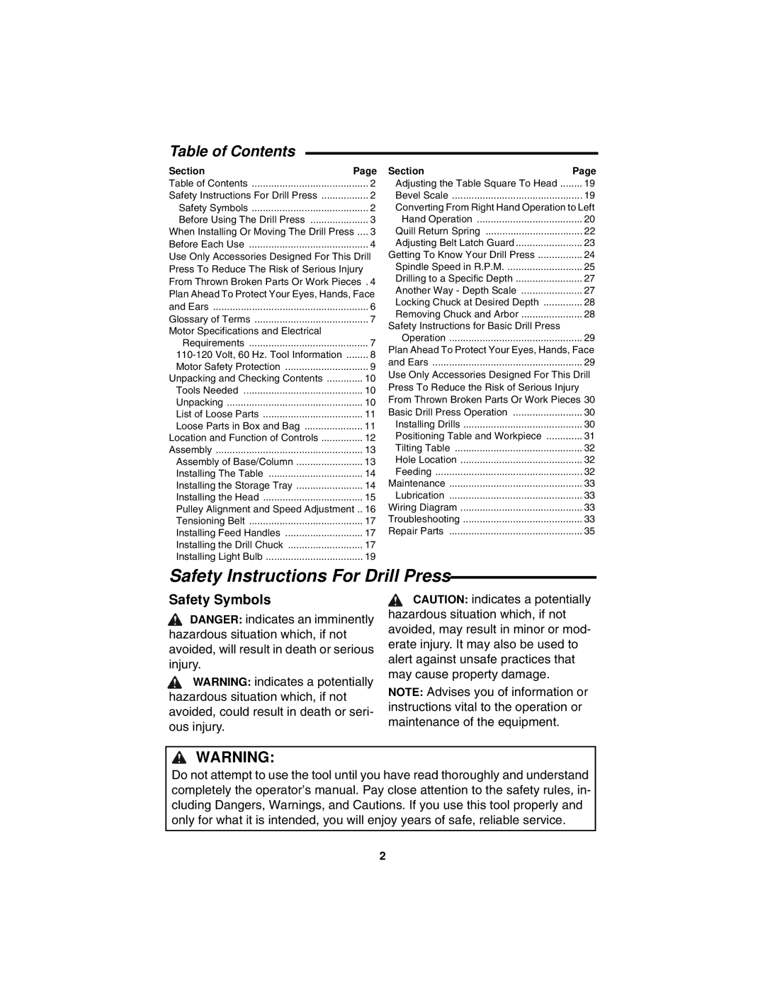 RIDGID DP15501 manual Safety Instructions For Drill Press, Table of Contents 