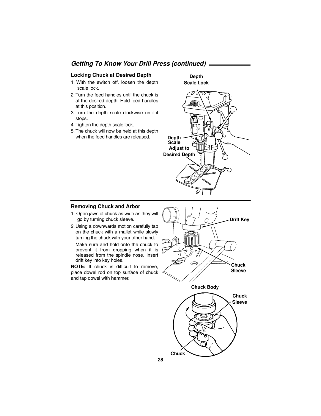 RIDGID DP15501 manual Locking Chuck at Desired Depth, Removing Chuck and Arbor, Depth Scale Lock Adjust to Desired Depth 