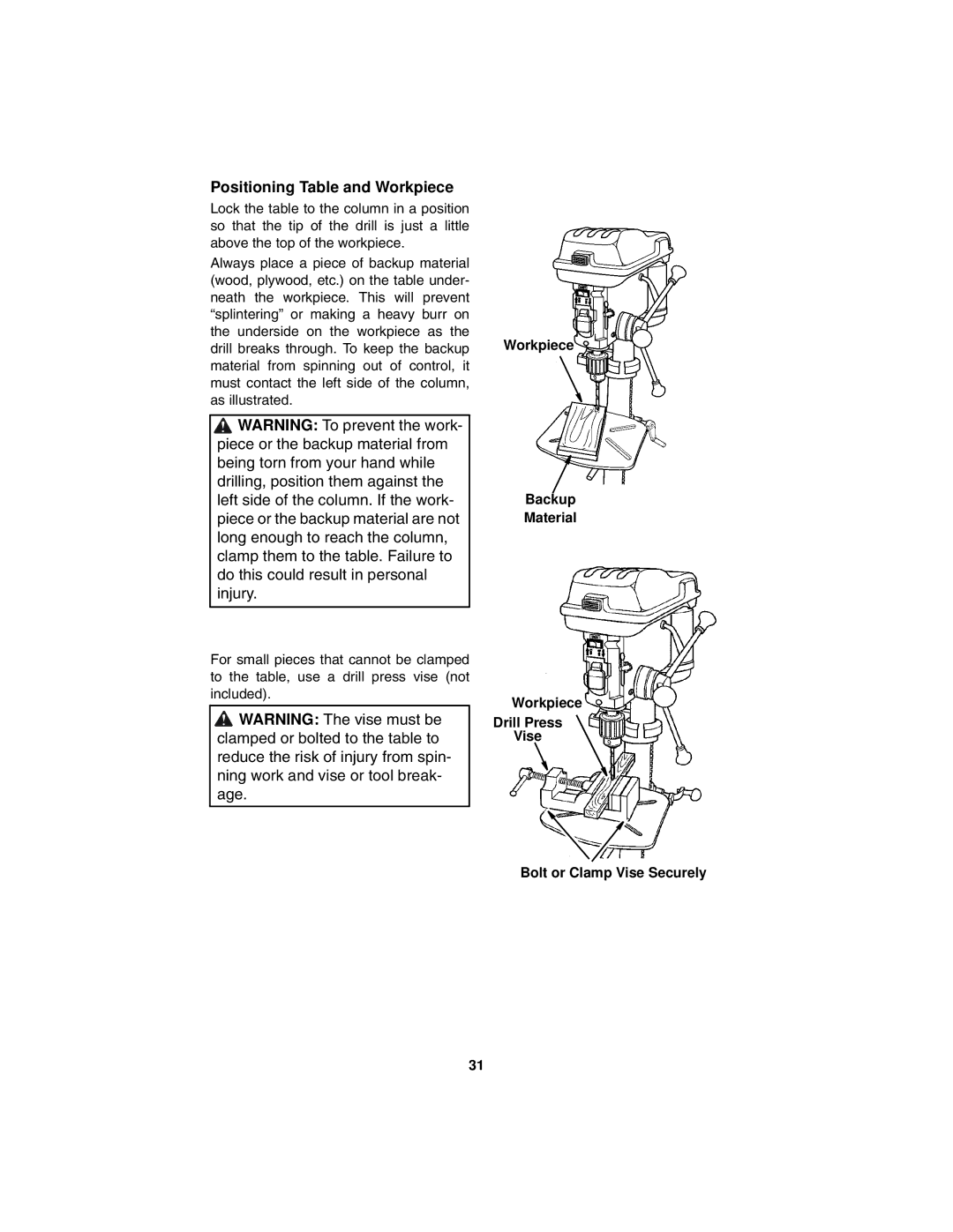 RIDGID DP15501 manual Positioning Table and Workpiece, Workpiece Backup Material 