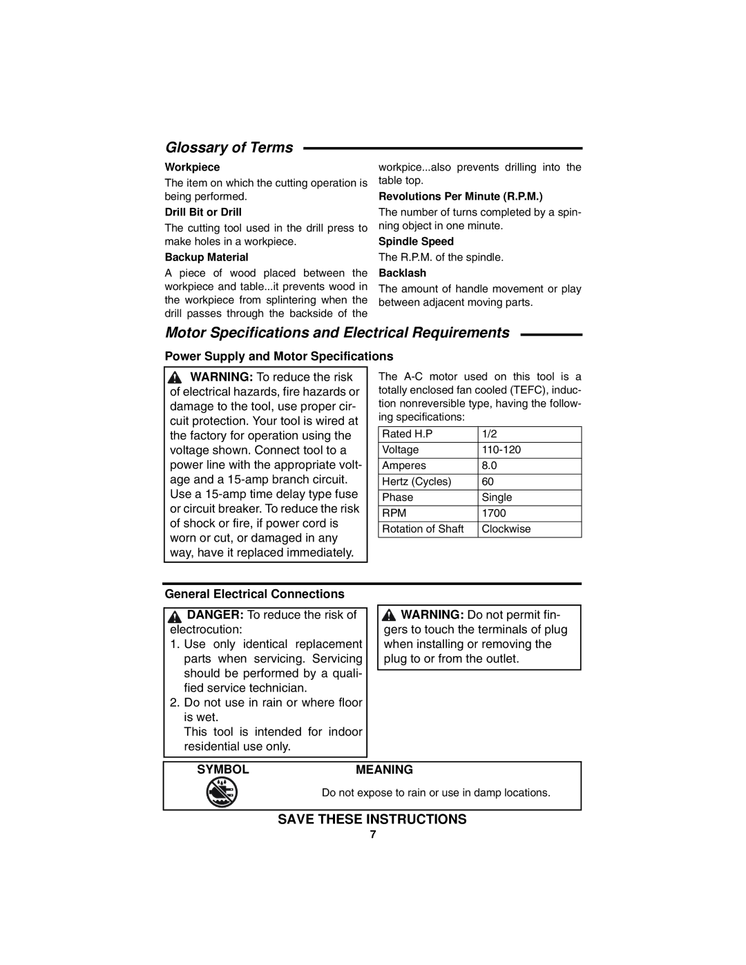 RIDGID DP15501 Glossary of Terms, Motor Specifications and Electrical Requirements, Power Supply and Motor Specifications 