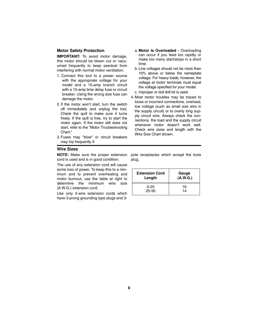 RIDGID DP15501 manual Motor Safety Protection, Wire Sizes, Extension Cord Gauge Length 25-50 