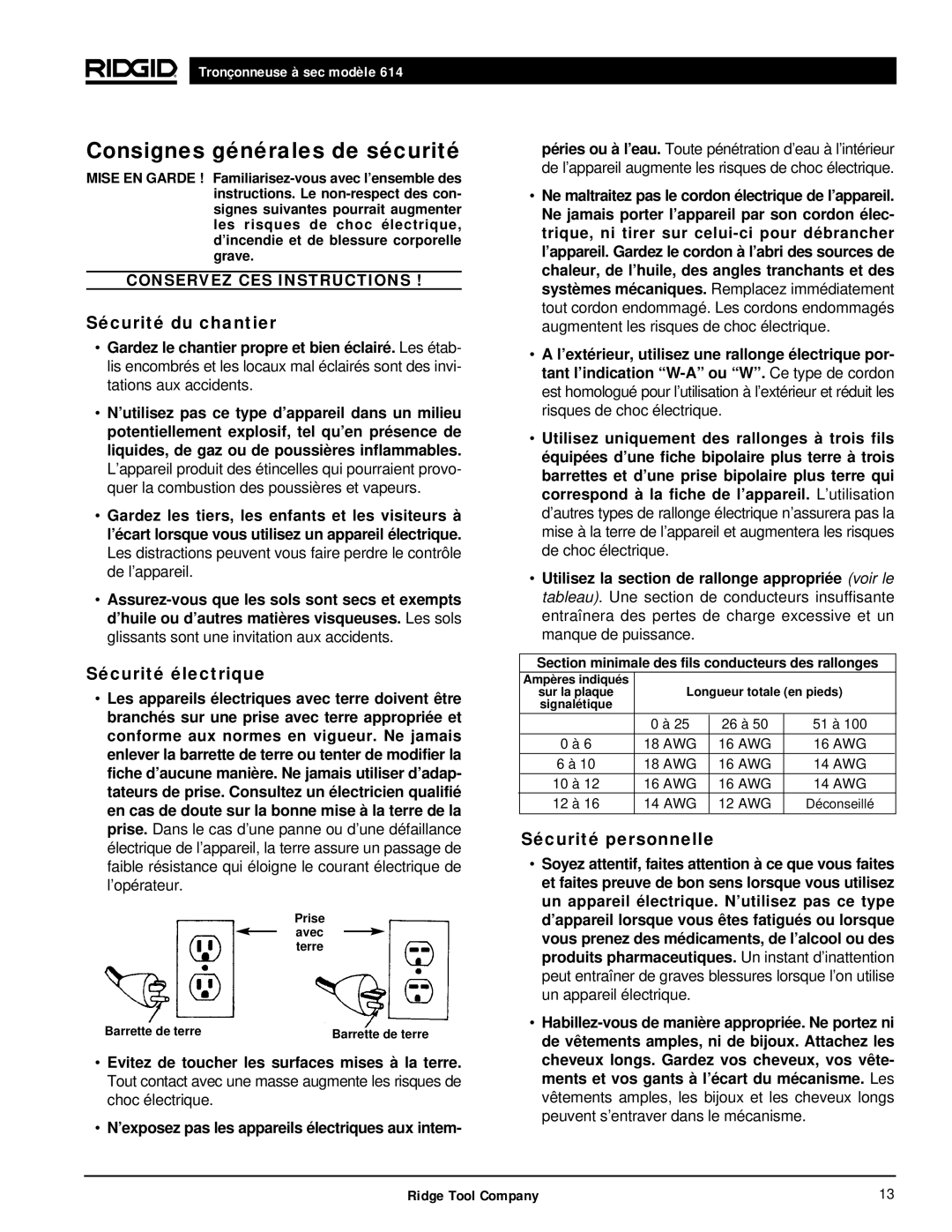 RIDGID Dry Cut Saw manual Consignes générales de sécurité, Sécurité du chantier, Sécurité électrique, Sécurité personnelle 