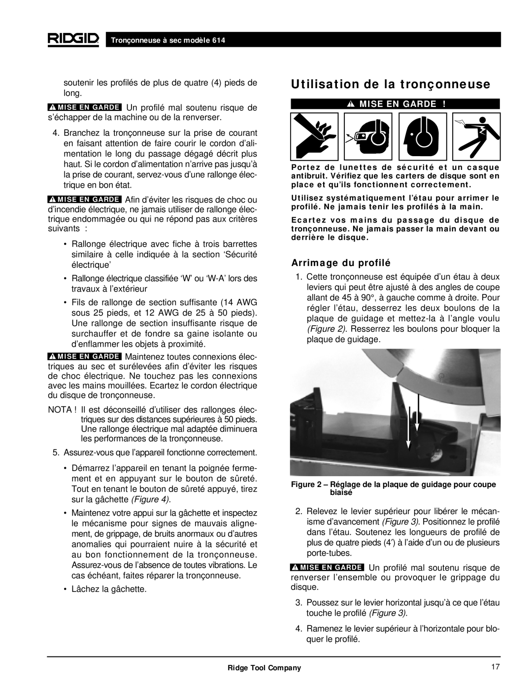 RIDGID Dry Cut Saw manual Utilisation de la tronçonneuse, Arrimage du profilé 