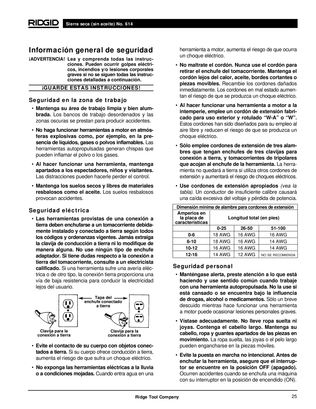 RIDGID Dry Cut Saw manual Información general de seguridad, Seguridad en la zona de trabajo, Seguridad eléctrica 