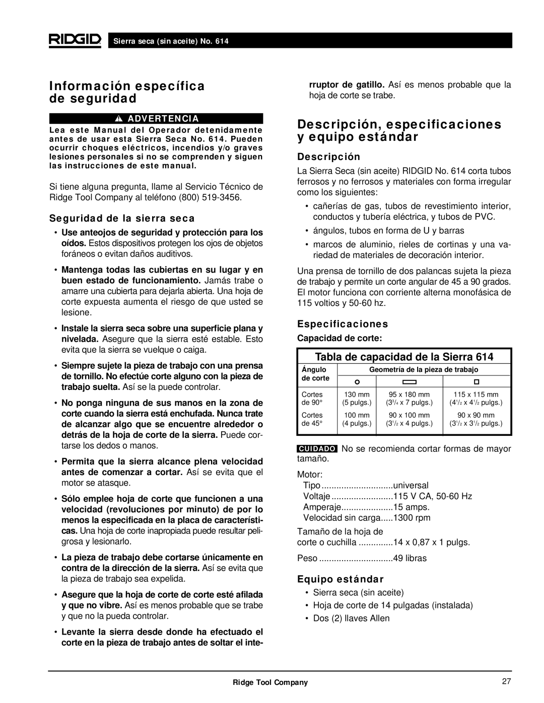 RIDGID Dry Cut Saw manual Información específica de seguridad, Descripción, especificaciones y equipo estándar 