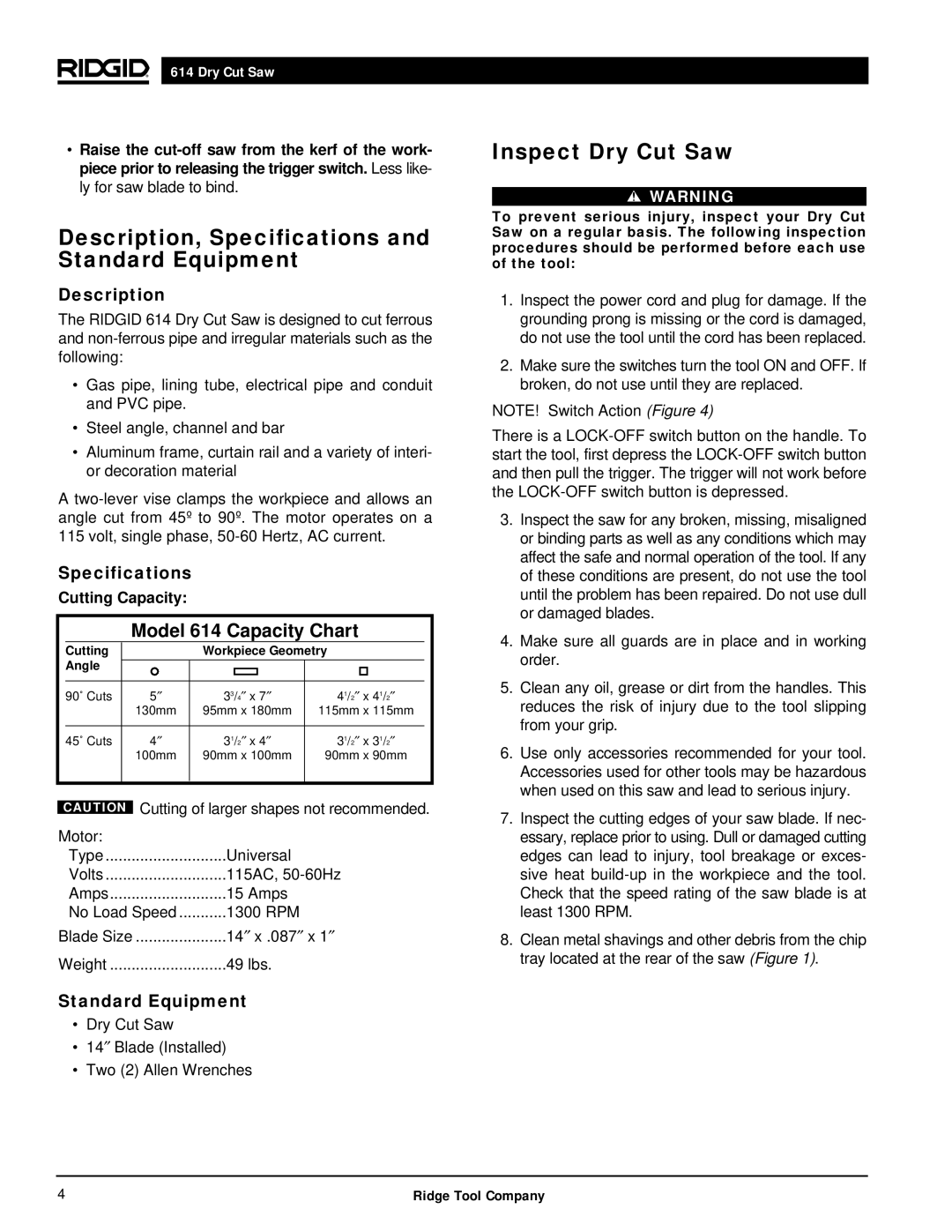 RIDGID manual Description, Specifications and Standard Equipment, Inspect Dry Cut Saw, Model 614 Capacity Chart 