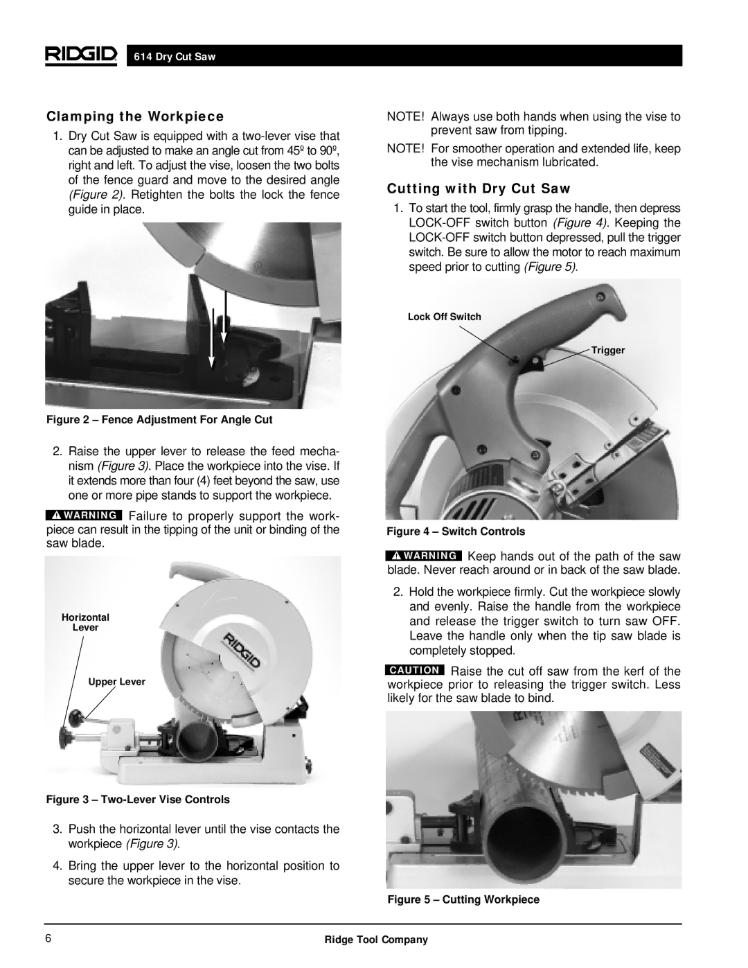 RIDGID manual Clamping the Workpiece, Cutting with Dry Cut Saw 