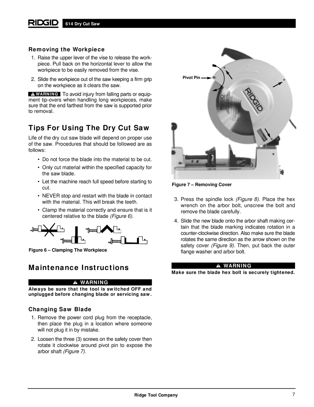 RIDGID manual Tips For Using The Dry Cut Saw, Maintenance Instructions, Removing the Workpiece, Changing Saw Blade 