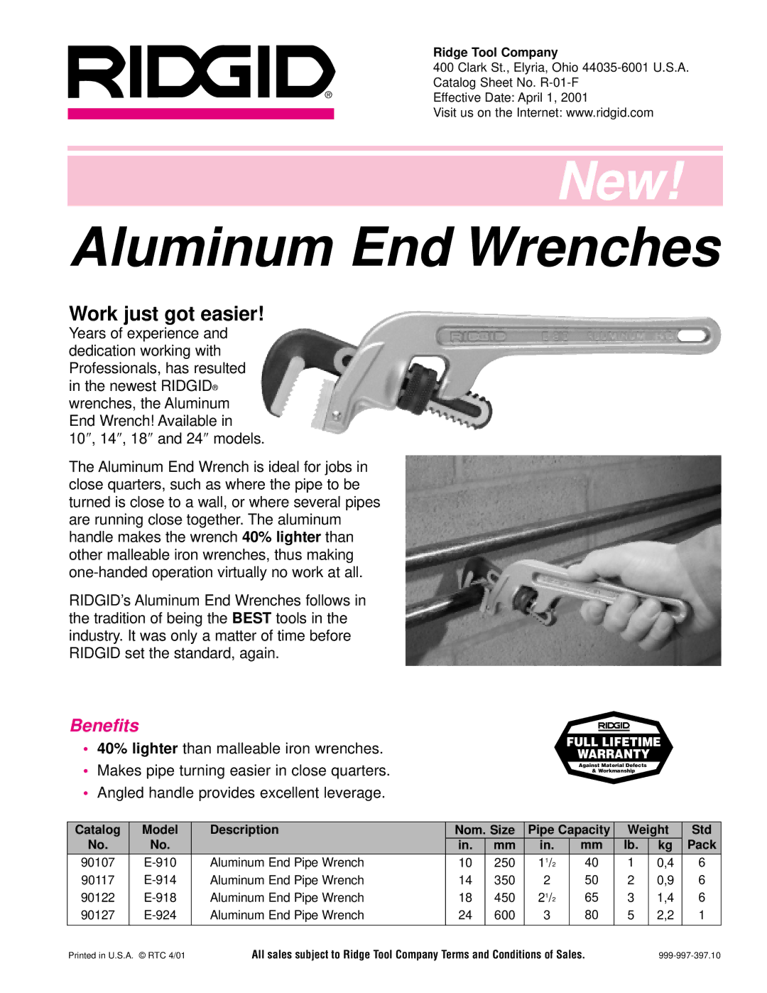 RIDGID E-924, E-918, E-910, E-914 warranty Aluminum End Wrenches, Work just got easier, Benefits, Full Lifetime Warranty 