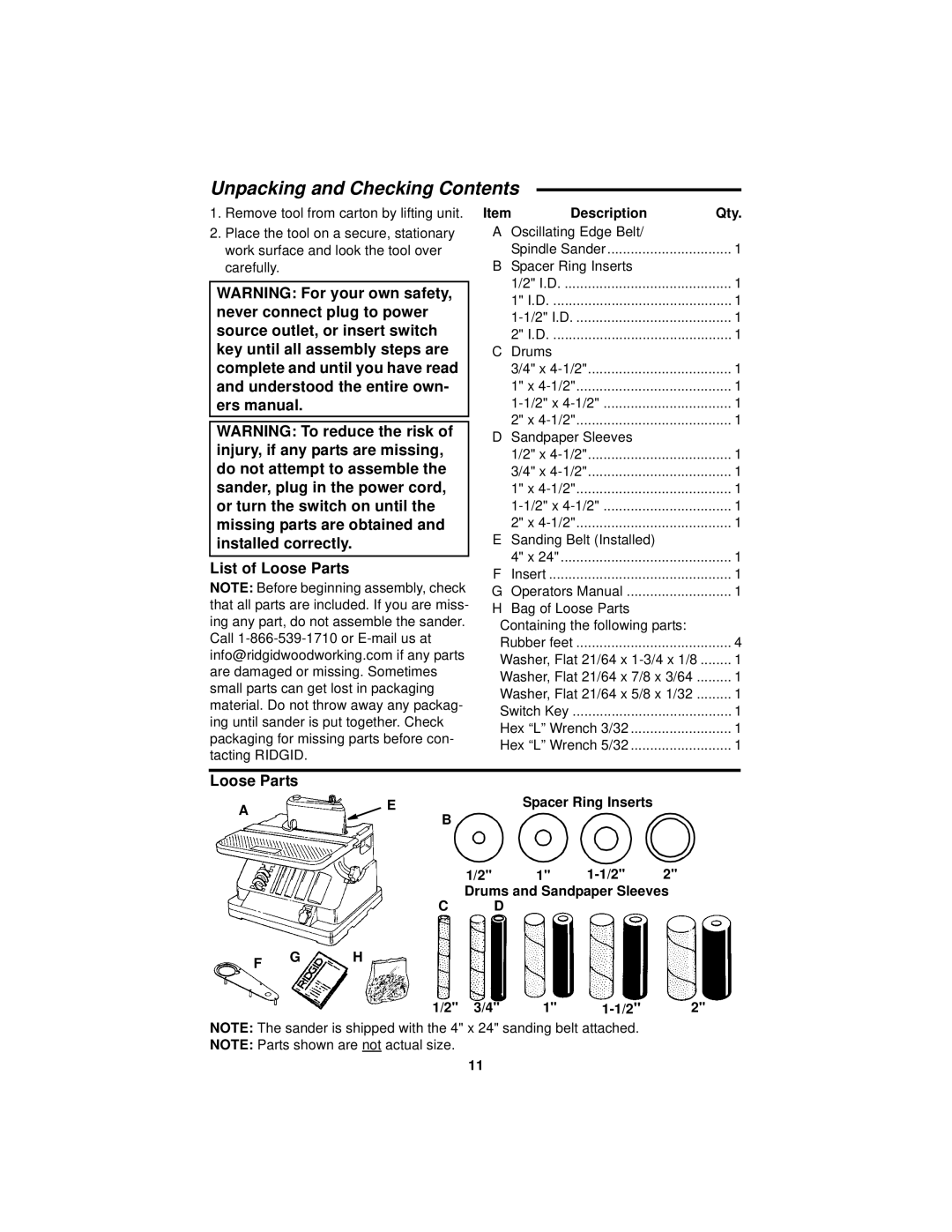 RIDGID EB44241 manual Unpacking and Checking Contents 