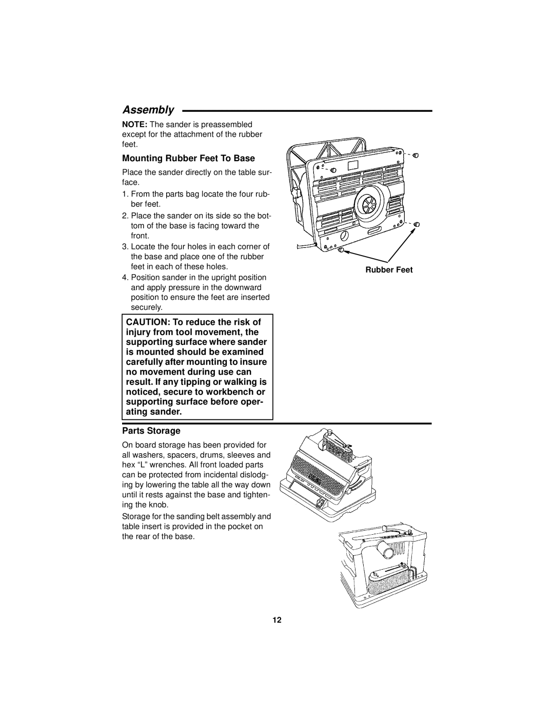 RIDGID EB44241 manual Assembly, Mounting Rubber Feet To Base, Parts Storage 