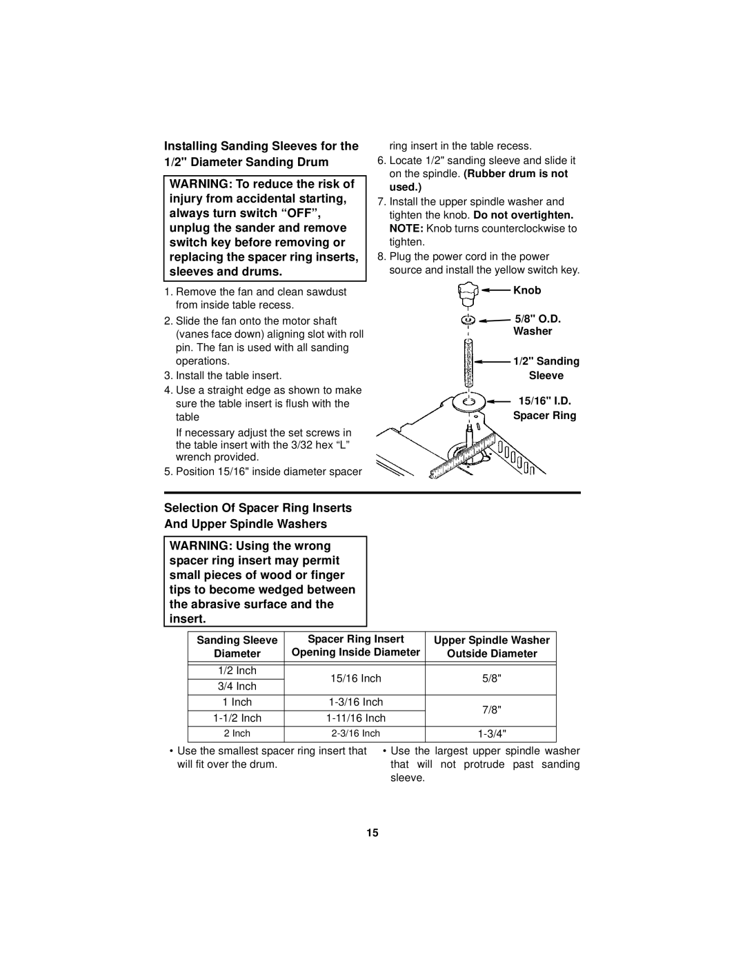 RIDGID EB44241 manual Selection Of Spacer Ring Inserts Upper Spindle Washers, Opening Inside Diameter Outside Diameter 