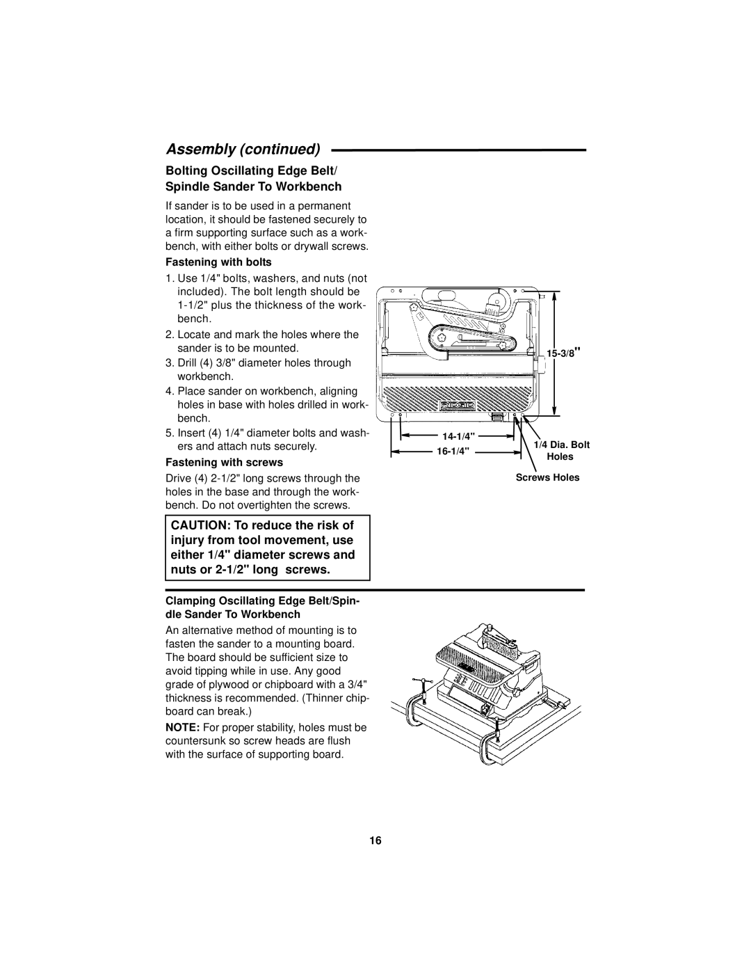 RIDGID EB44241 Bolting Oscillating Edge Belt/ Spindle Sander To Workbench, Fastening with bolts, Fastening with screws 