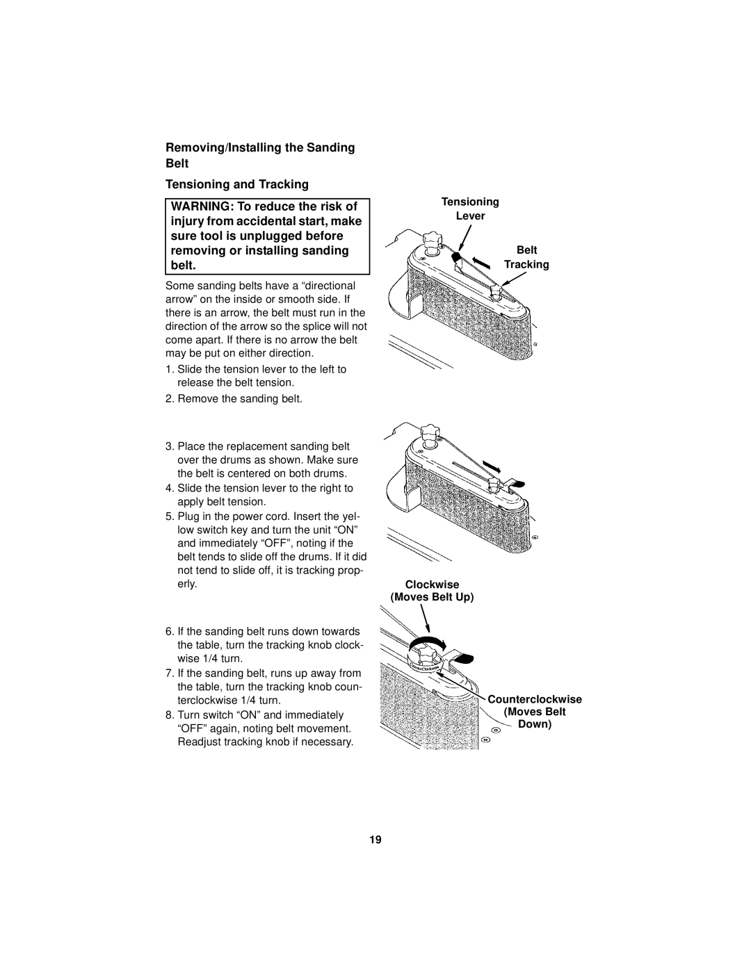 RIDGID EB44241 manual Removing/Installing the Sanding Belt Tensioning and Tracking 