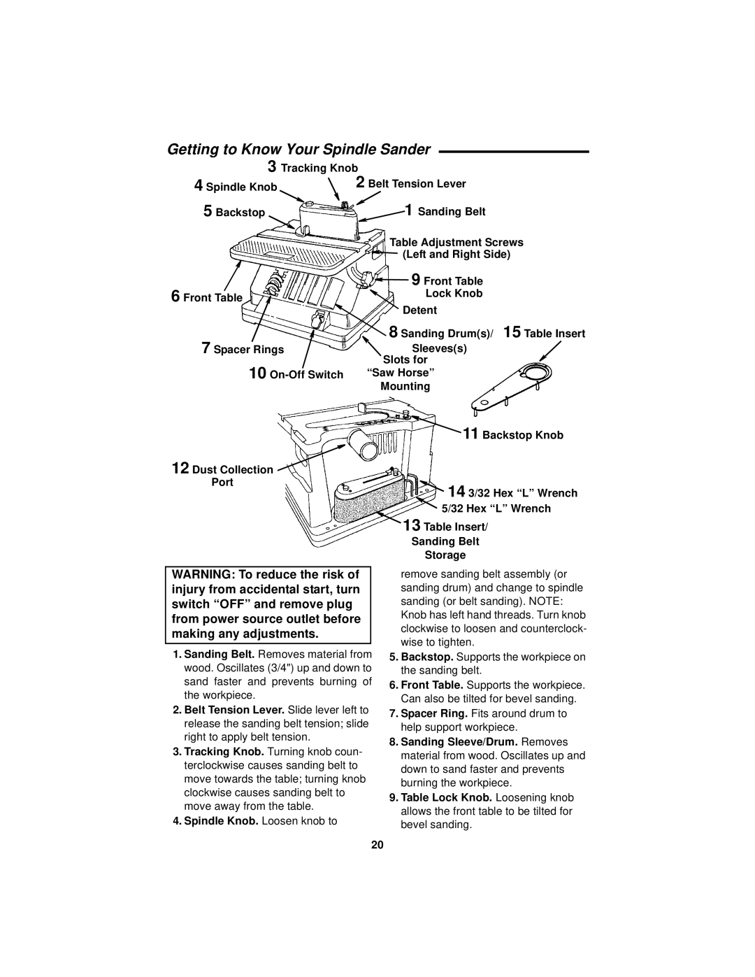 RIDGID EB44241 Getting to Know Your Spindle Sander, Tracking Knob Spindle Knob Belt Tension Lever, Table Adjustment Screws 