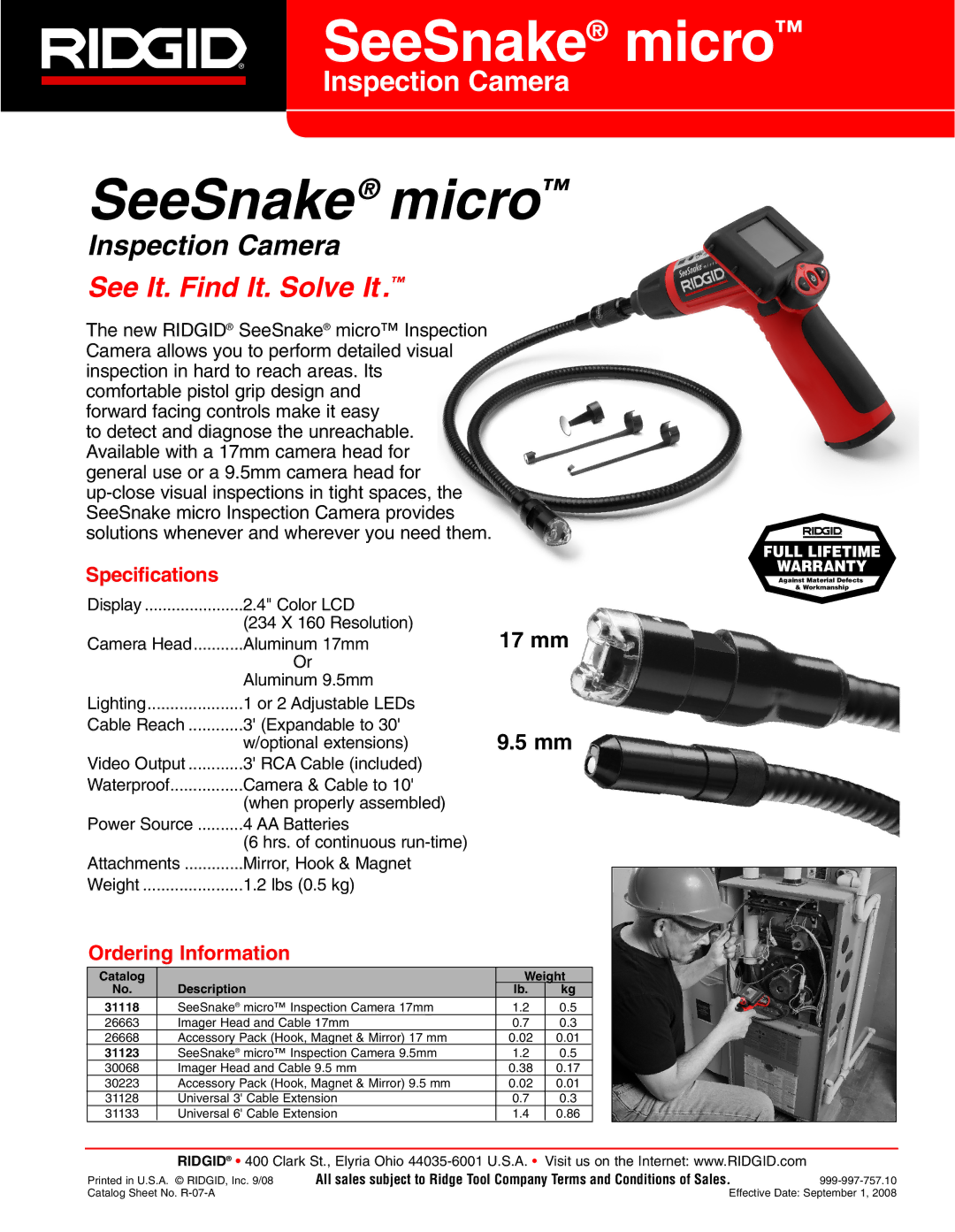 RIDGID G0569 specifications SeeSnake micro, See It. Find It. Solve It, 17 mm 