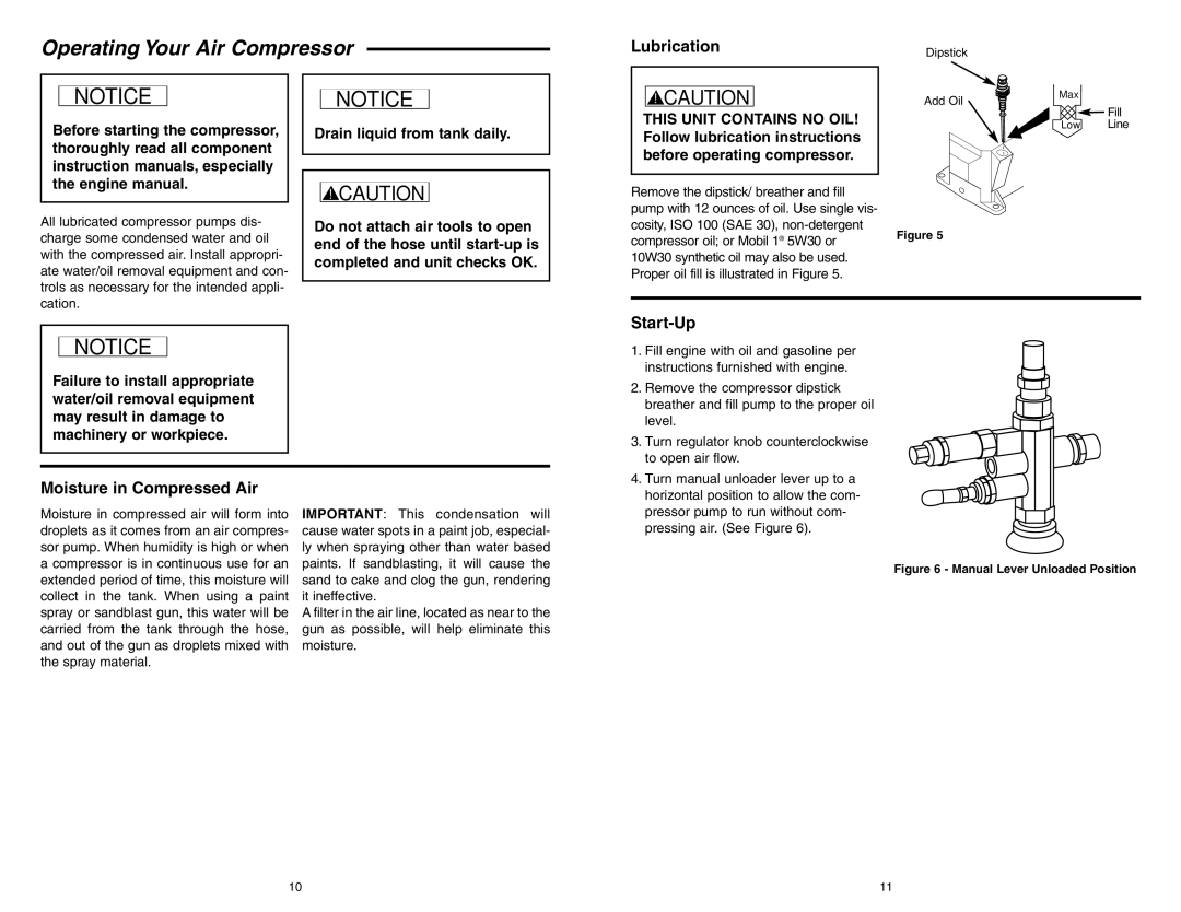 RIDGID GP90135 manual Operating Your Air Compressor, Lubrication, Start-Up, Moisture in Compressed Air 