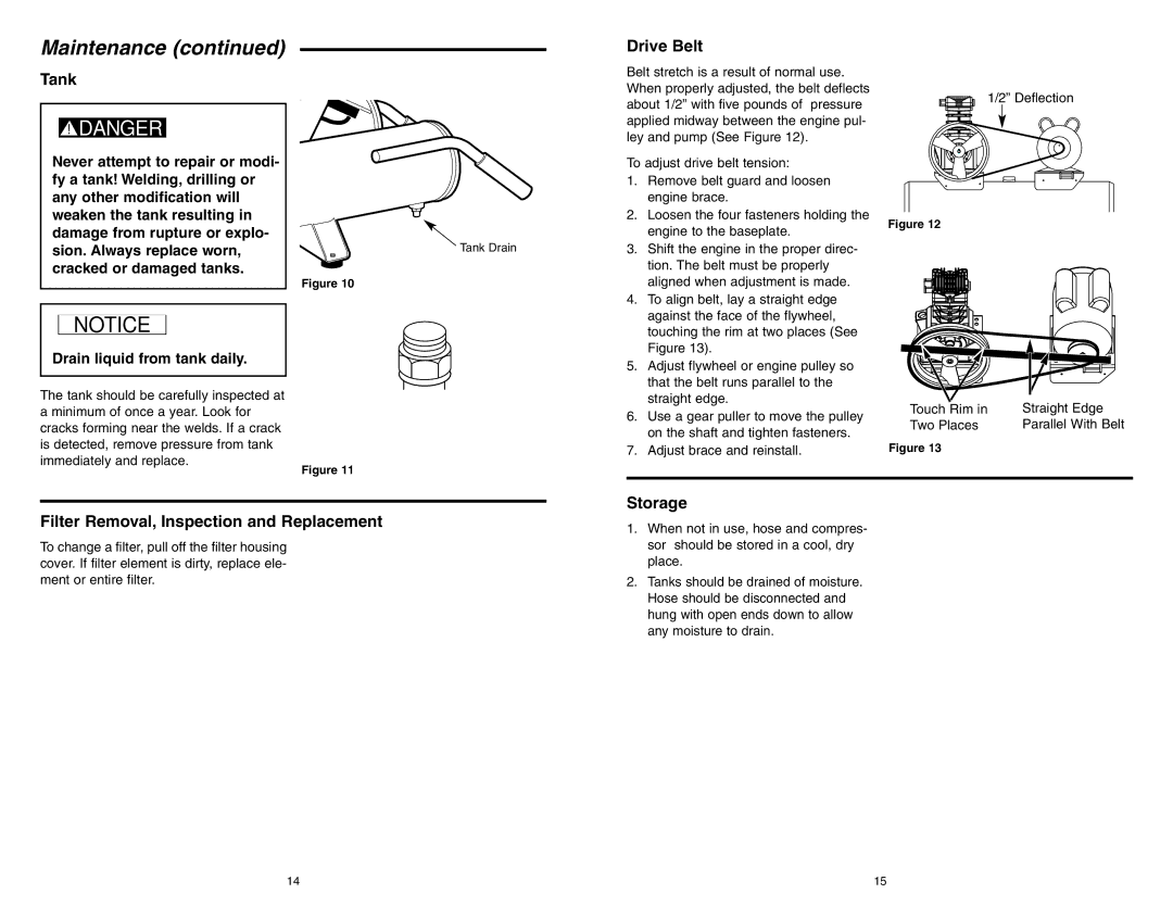 RIDGID GP90135 manual Tank, Drive Belt, Filter Removal, Inspection and Replacement, Storage 