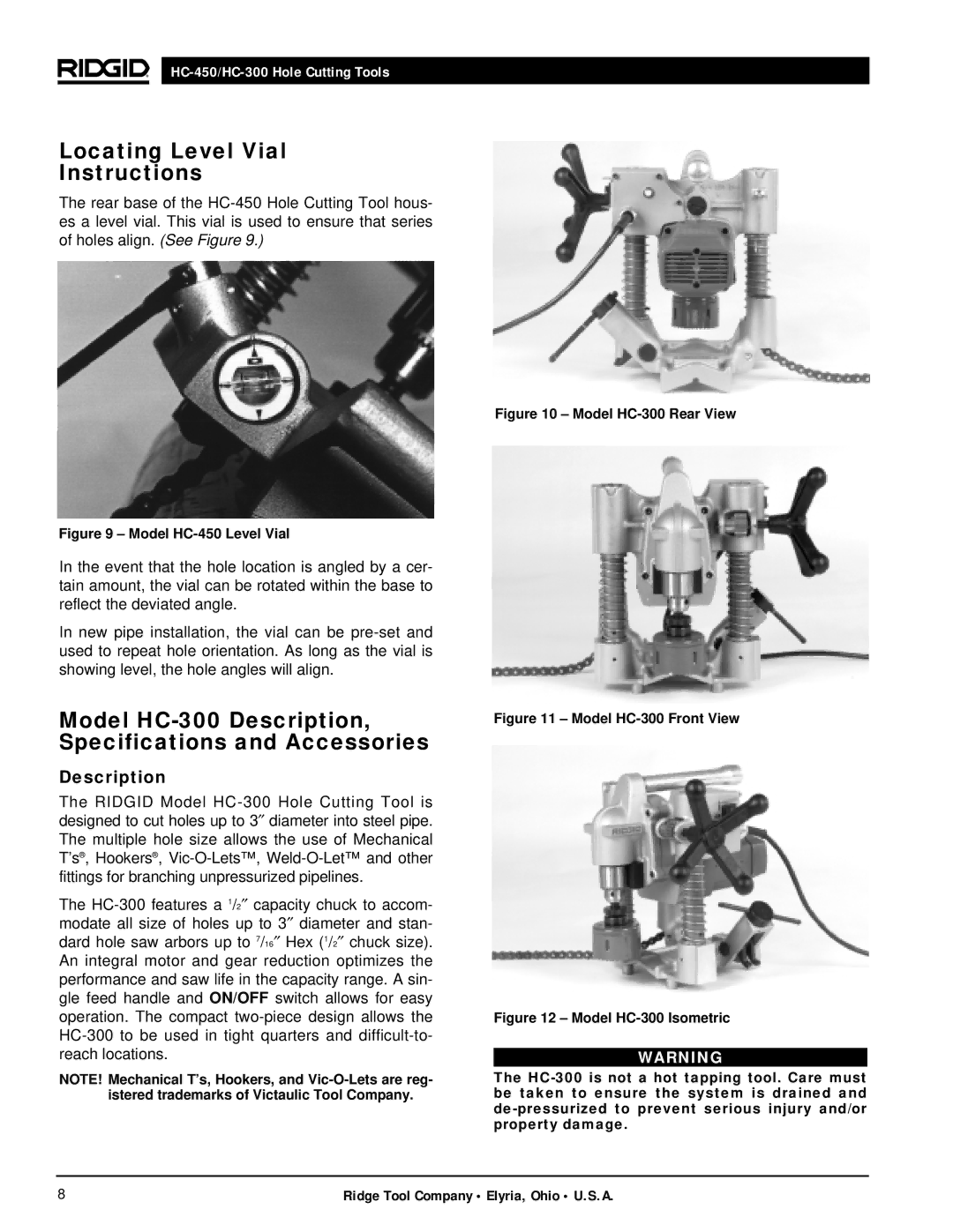 RIDGID hc-300, hc-450 manual Locating Level Vial Instructions, Model HC-300 Description, Specifications and Accessories 