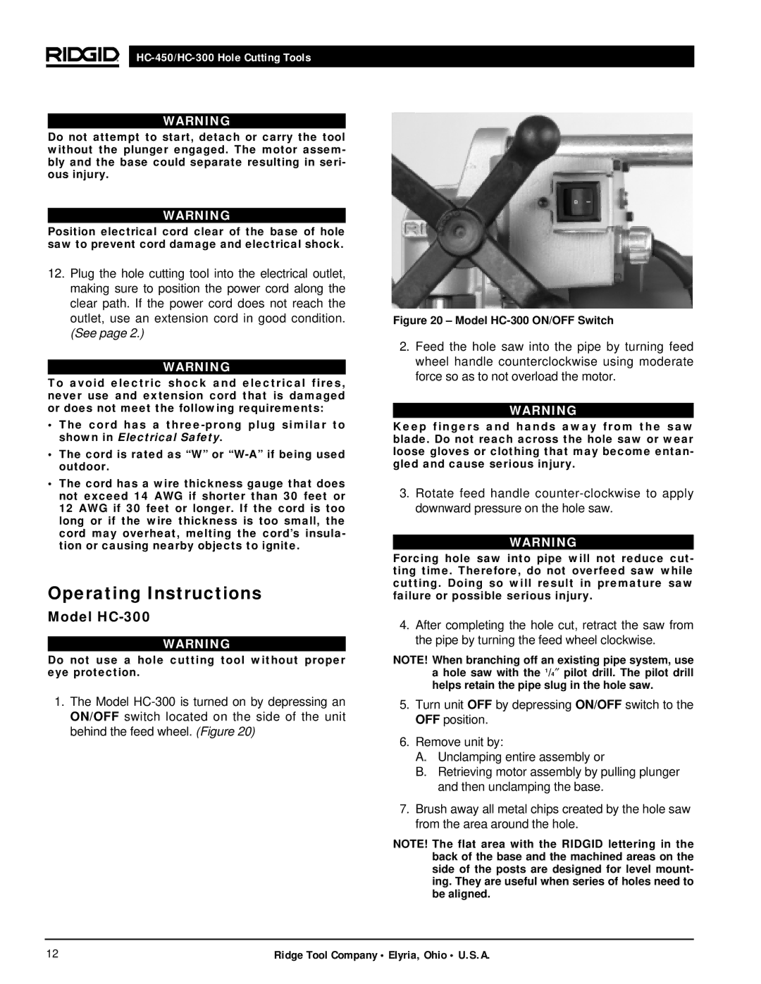 RIDGID hc-300, hc-450 manual Model HC-300 ON/OFF Switch 