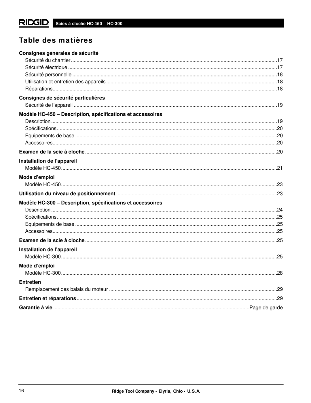 RIDGID hc-300, hc-450 manual Table des matières, Consignes générales de sécurité 