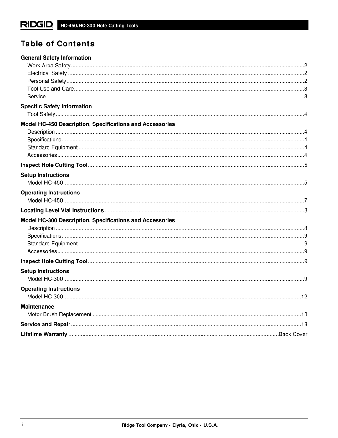 RIDGID hc-300, hc-450 manual Table of Contents 