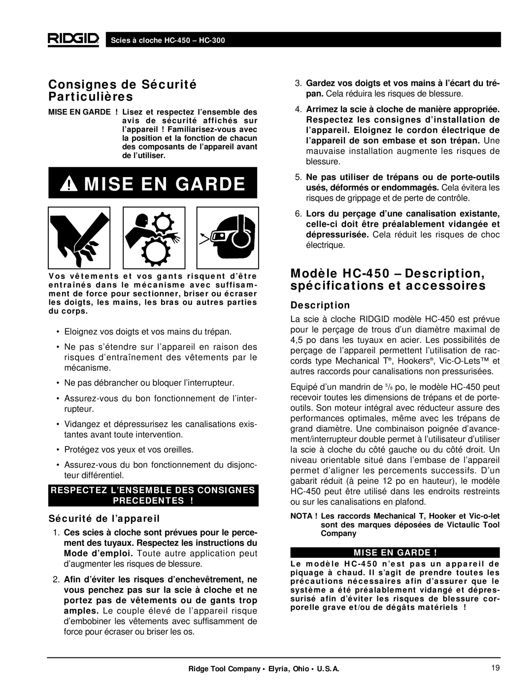 RIDGID hc-450, hc-300 manual Consignes de Sécurité Particulières, Modèle HC-450 Description, spécifications et accessoires 