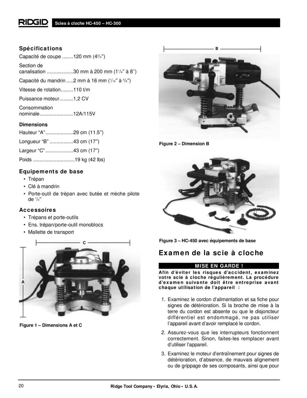 RIDGID hc-300, hc-450 manual Examen de la scie à cloche, Spécifications, Equipements de base, Accessoires 