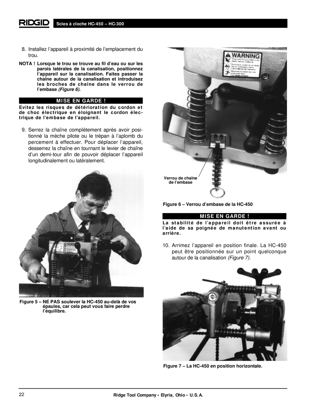 RIDGID hc-300, hc-450 manual Installez l’appareil à proximité de l’emplacement du trou 