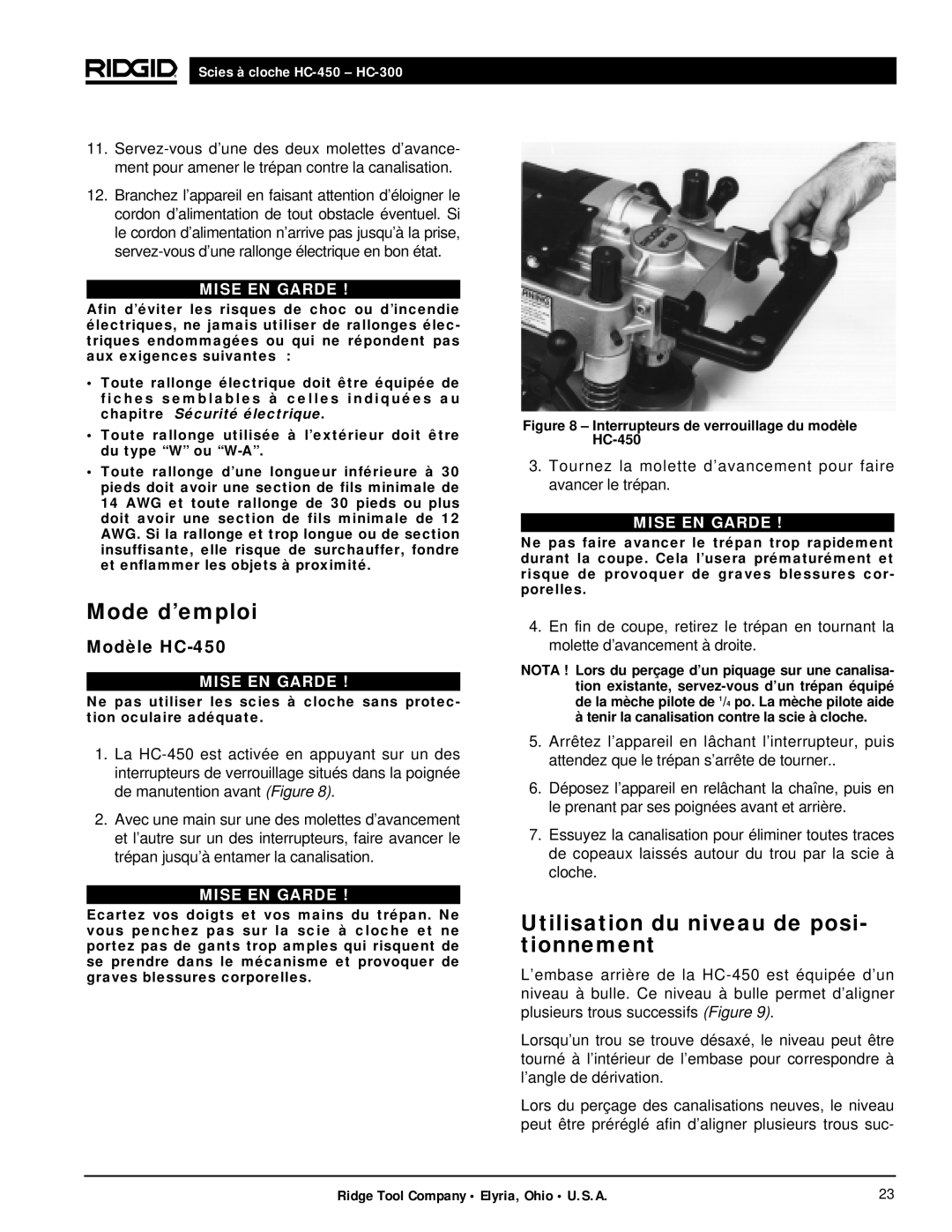 RIDGID hc-450, hc-300 manual Mode d’emploi, Utilisation du niveau de posi- tionnement 