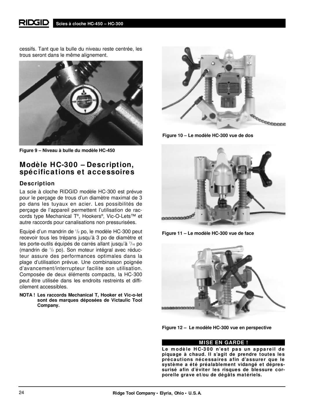 RIDGID hc-300, hc-450 manual Modèle HC-300 Description, spécifications et accessoires, Niveau à bulle du modèle HC-450 