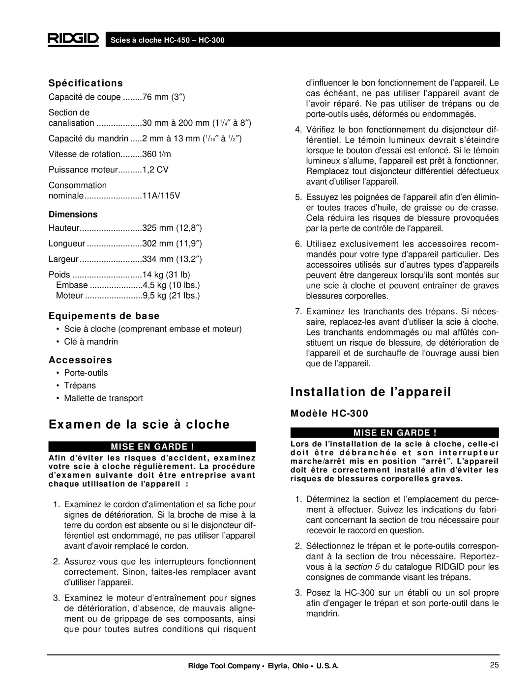 RIDGID hc-450, hc-300 manual Spécifications, Modèle HC-300 