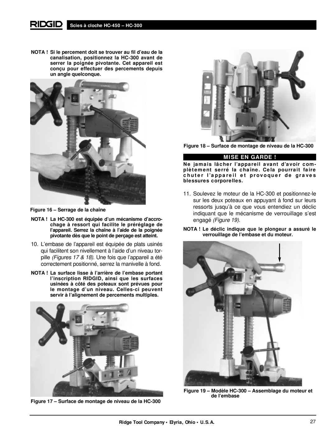 RIDGID hc-450, hc-300 manual Surface de montage de niveau de la HC-300 