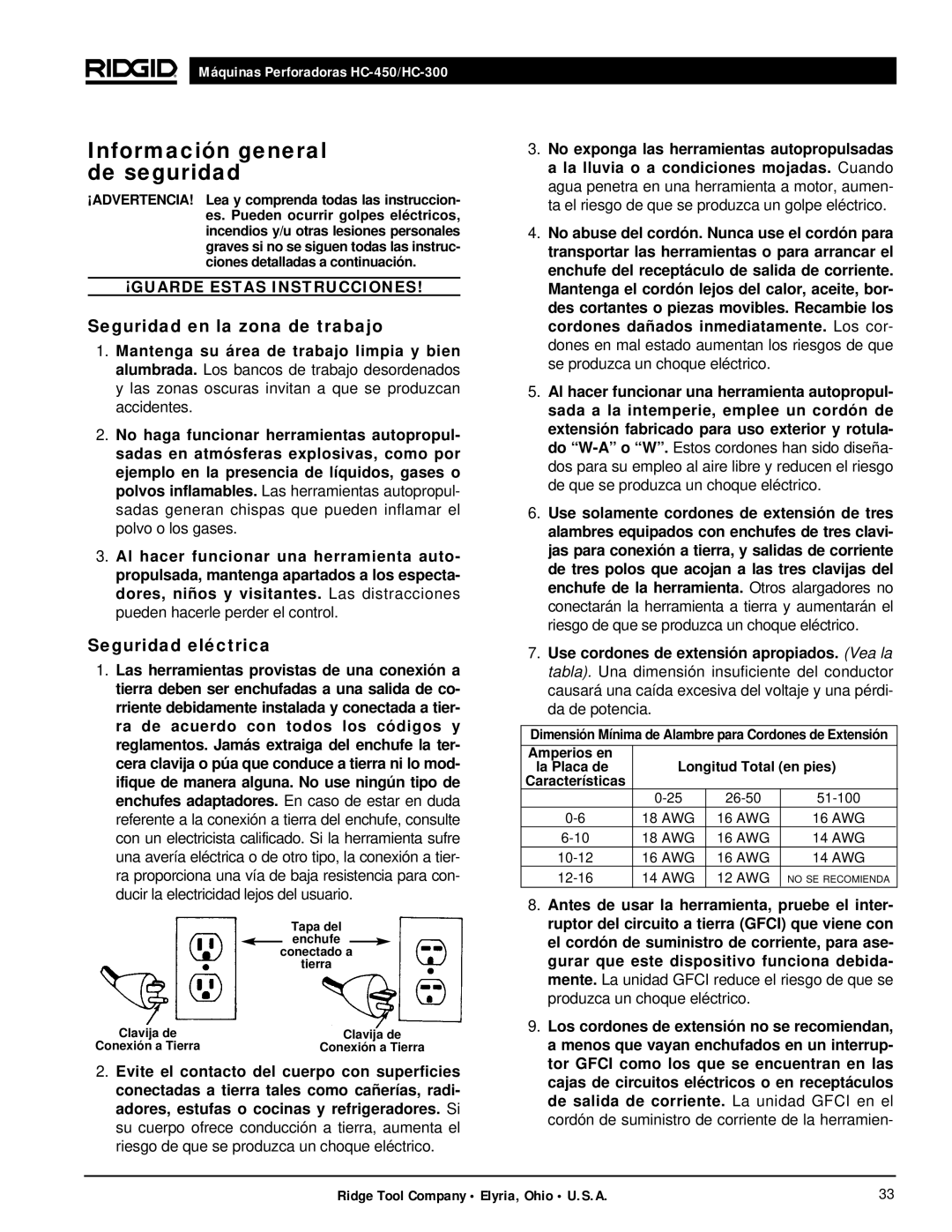 RIDGID hc-450, hc-300 manual Información general de seguridad, Seguridad en la zona de trabajo, Seguridad eléctrica 