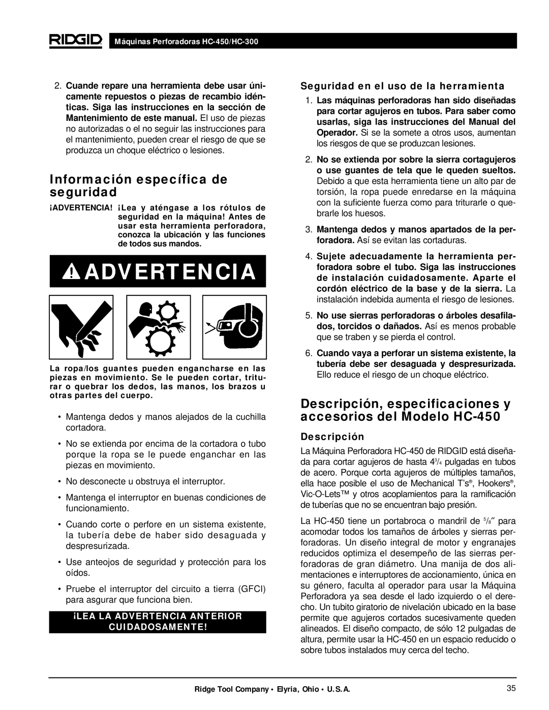 RIDGID hc-450, hc-300 manual Información específica de seguridad, Seguridad en el uso de la herramienta, Descripción 