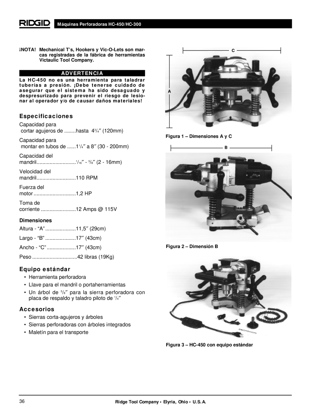 RIDGID hc-300, hc-450 manual Especificaciones, Equipo estándar, Accesorios 